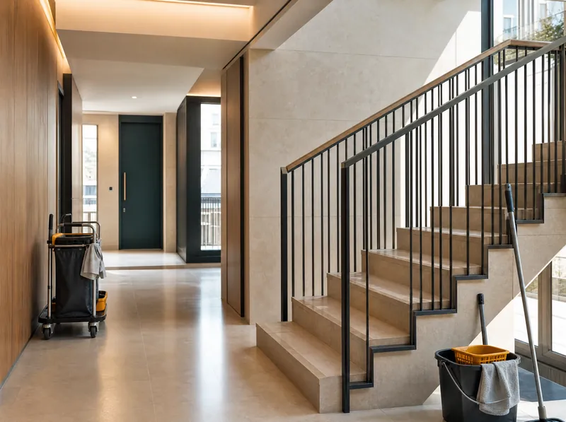 Visuel d’illustration d’un hall de copropriété préparé pour l’entretien